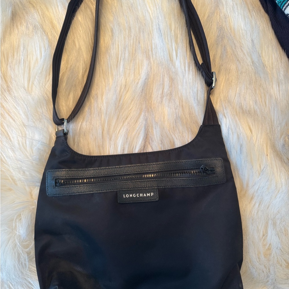 Longchamp Black Nylon Crossbody Shoulder Bag with Front Zip
